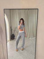 GREY CONTRAST TRIM RIBBED CROP TOP WIDE LEG TROUSER CO ORD SET